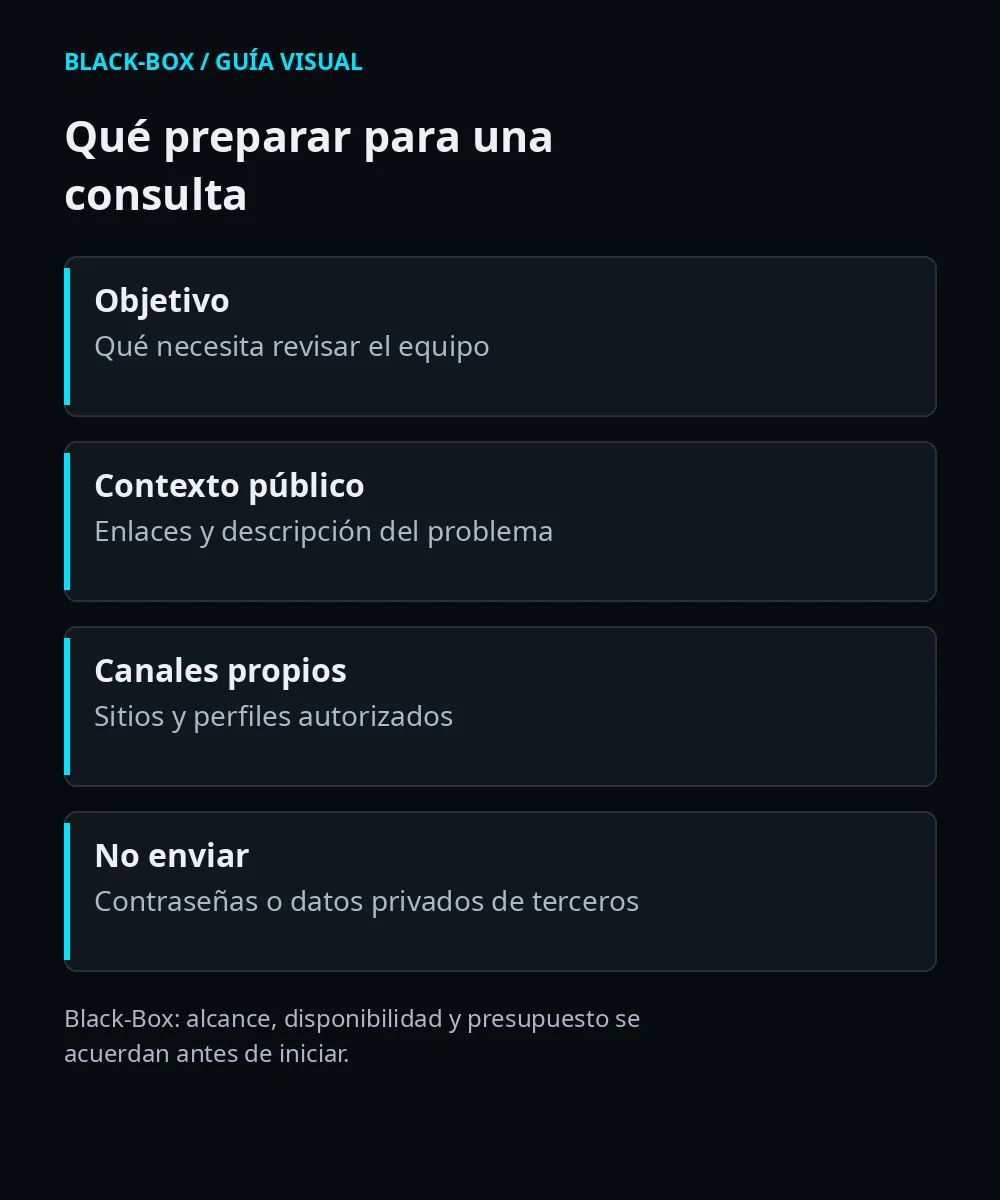 Contacto para proyectos electorales: Consulta inicial de Black-Box: objetivo, enlaces públicos y canales propios, sin contraseñas o datos privados de terceros.